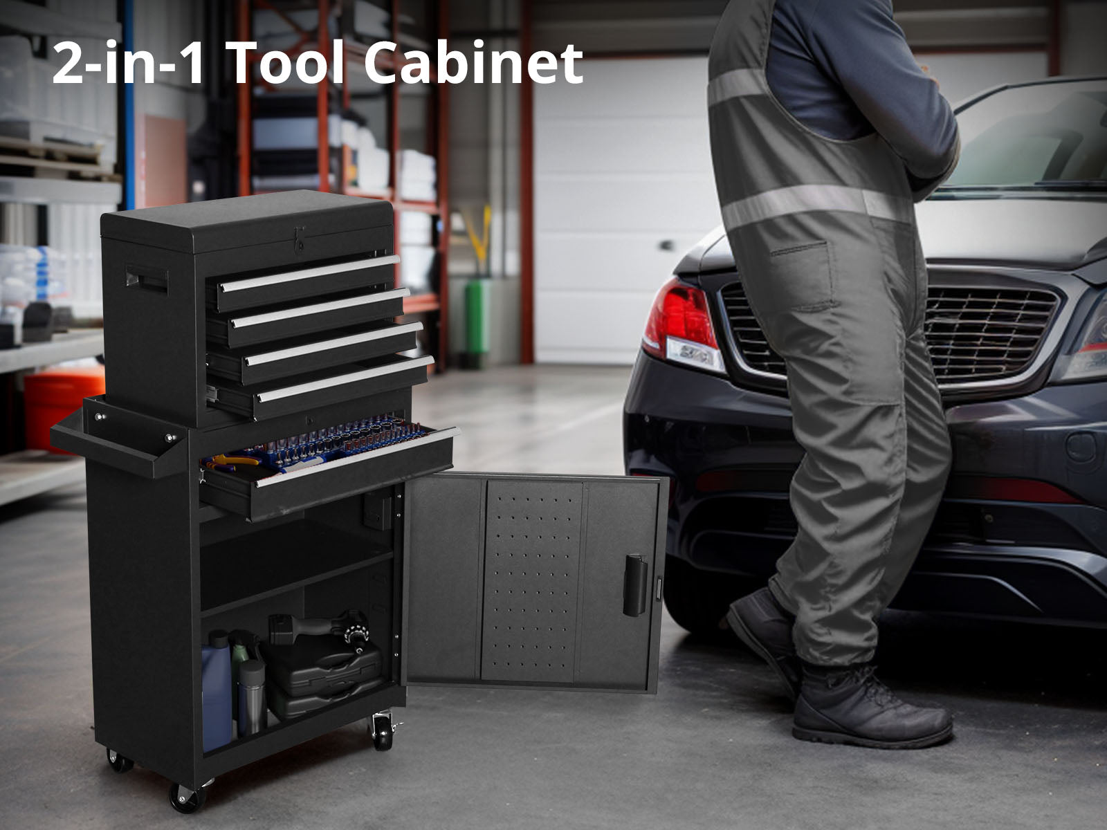 4-Drawer & 1-Drawer Tool Cabinet Combo - Black