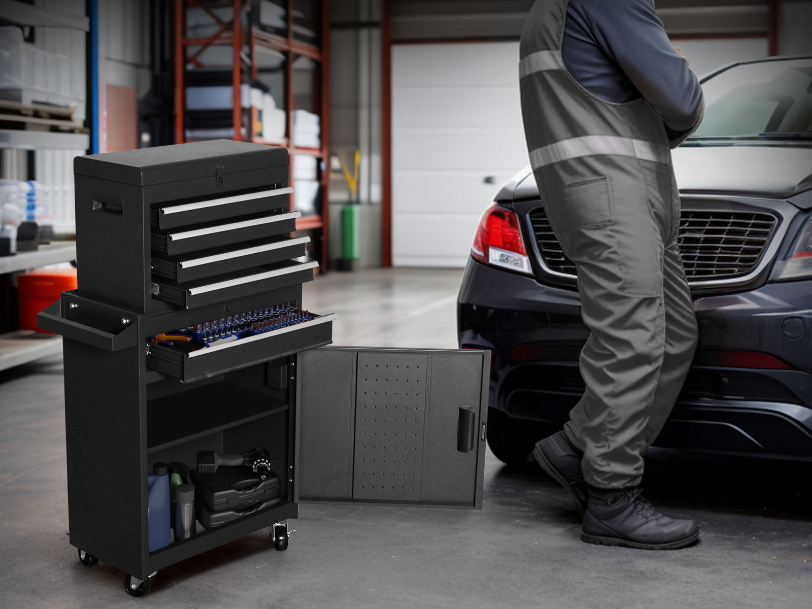 4-Drawer & 1-Drawer Tool Cabinet Combo - Black