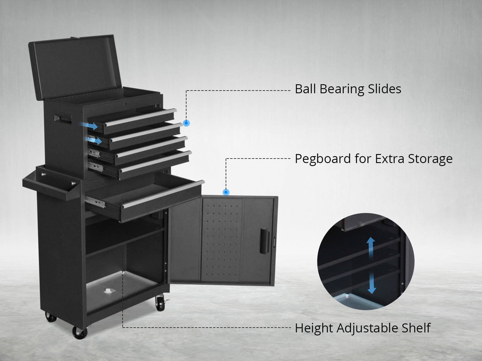 4-Drawer & 1-Drawer Tool Cabinet Combo - Black