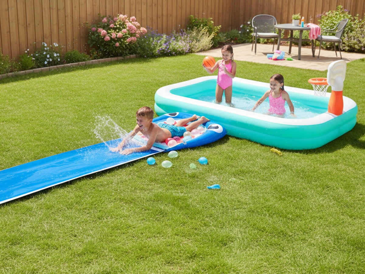 Bestway Dunk n'Splash Family Pool + ZURU Shark Slide with 3-Pack Bunch Balloons