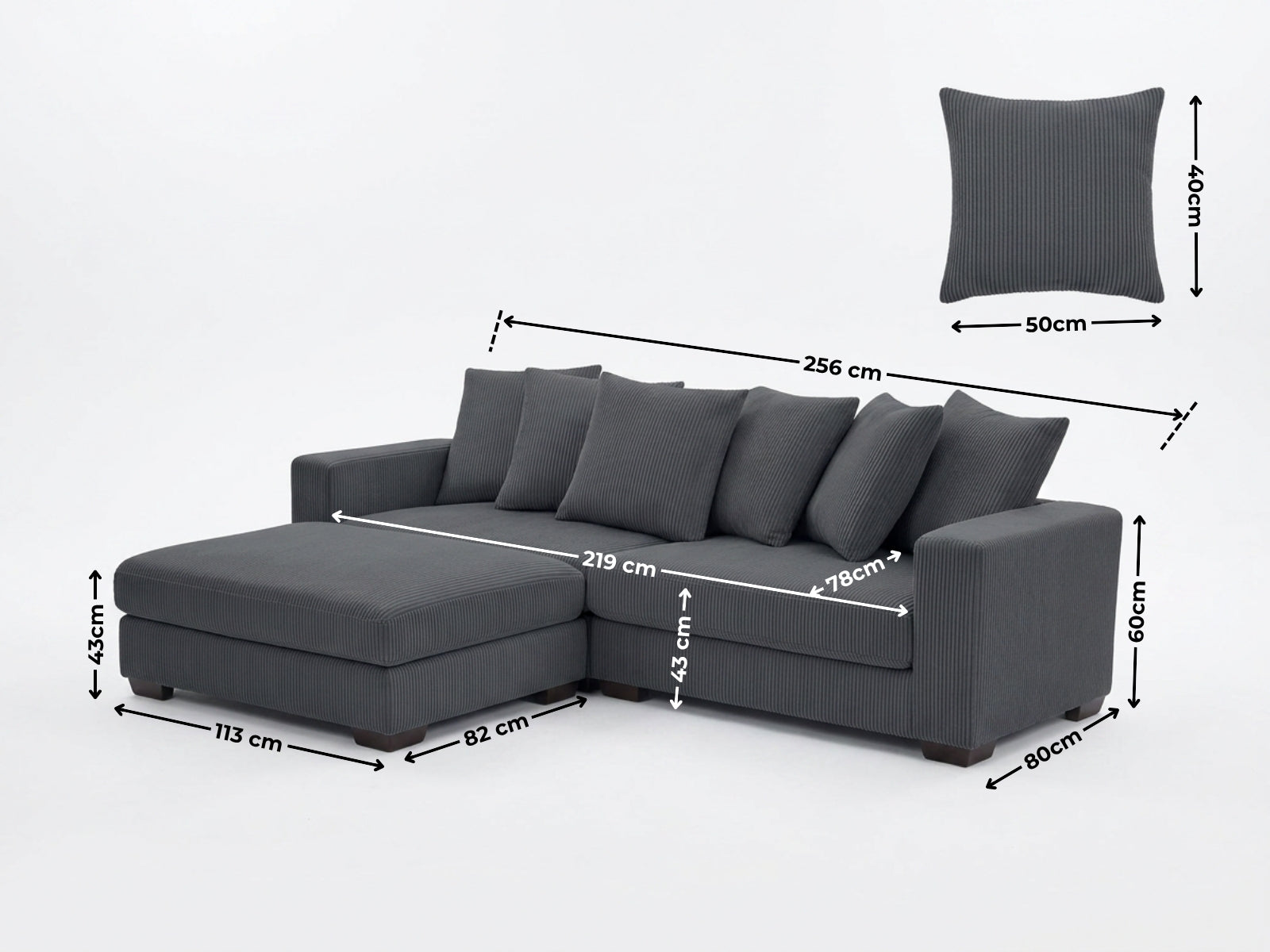 Daury L Shaped Sofa Corduroy  - Dark Grey