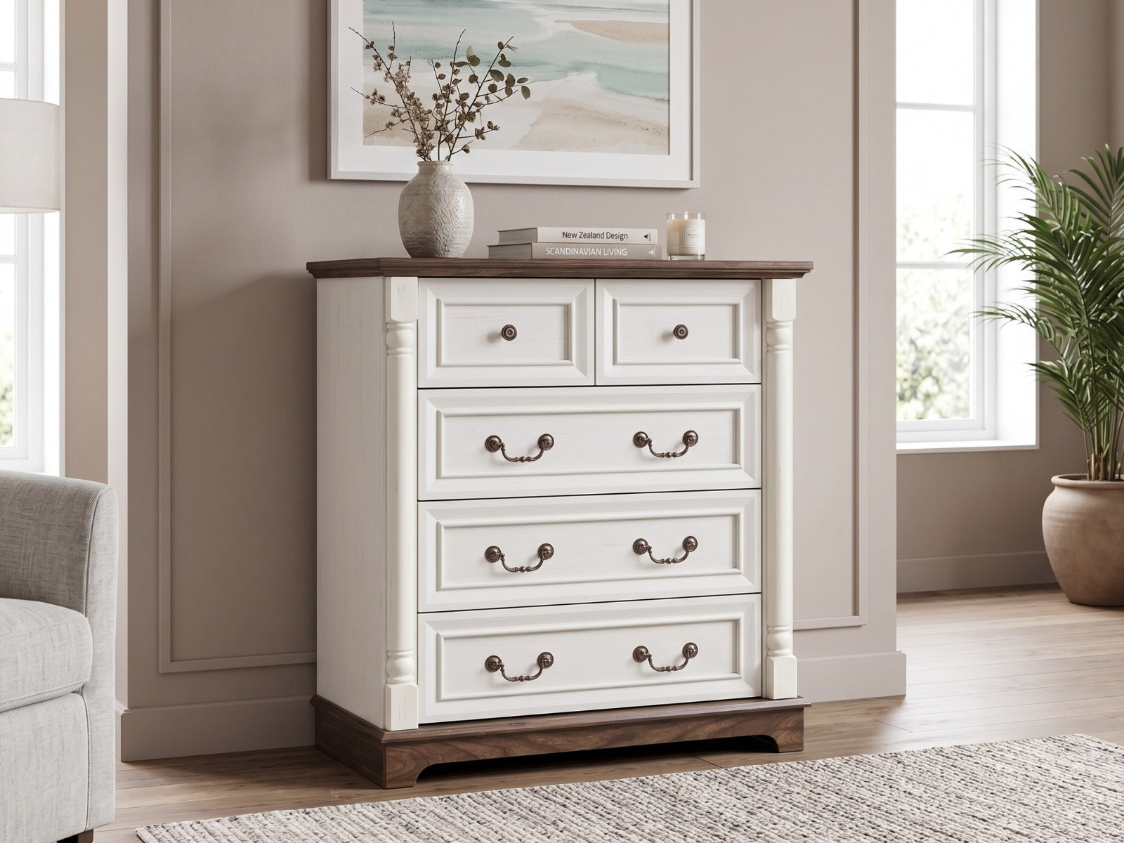 5-Drawer Chest - Antique White & Rustic Brown