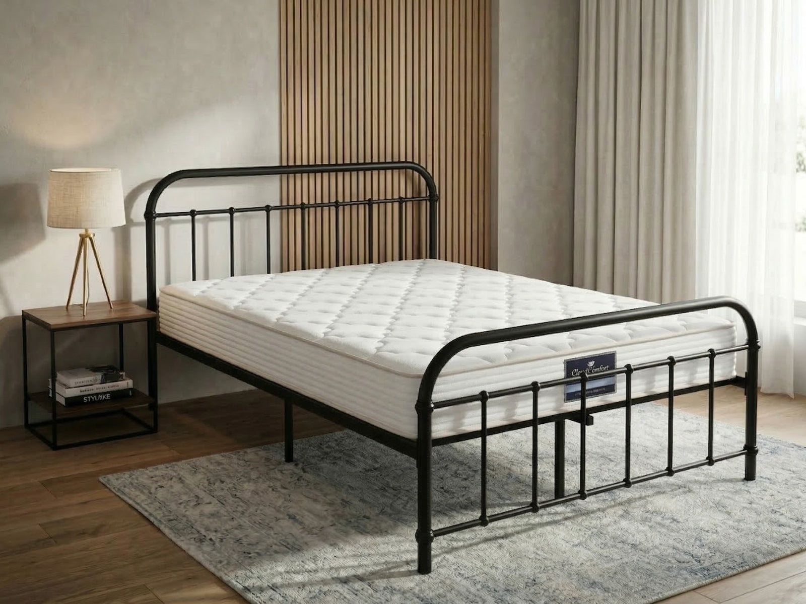Darcy Metal Bed Frame Black & PIL20 Mattress with Pillows - Queen
