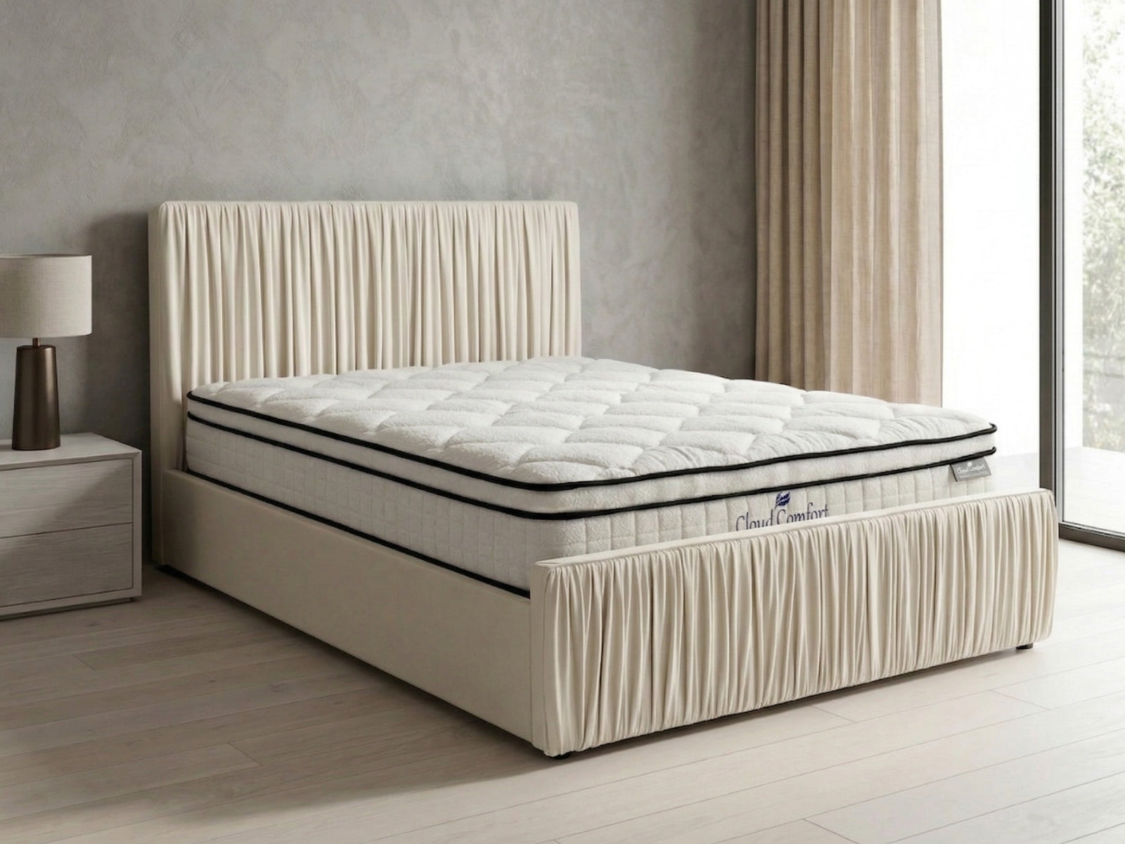 Blaine Velvet Bed Frame Beige & Boucle22 Mattress - Queen