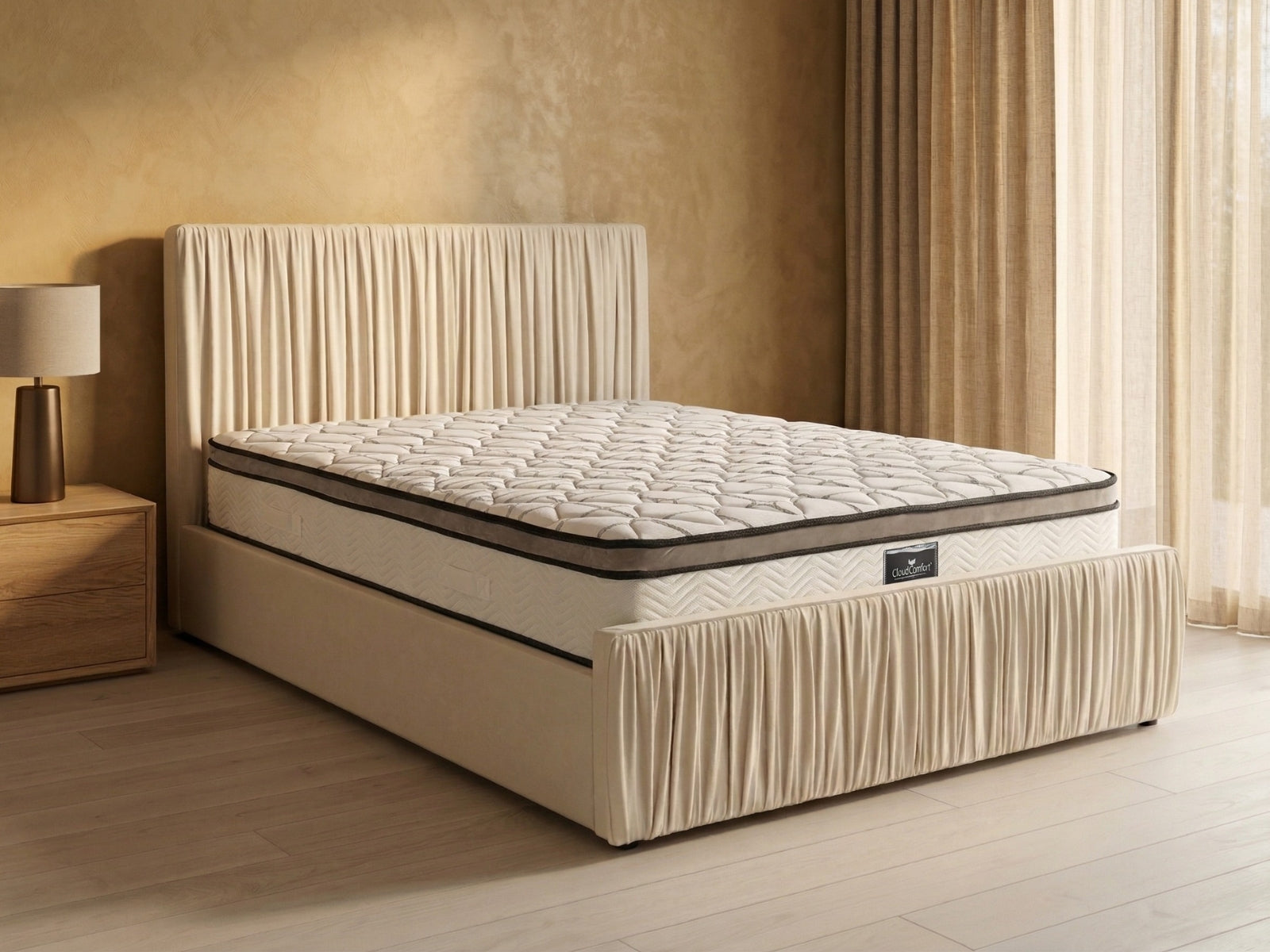 Blaine Velvet Bed Frame Beige & GEL30 Mattress - Queen