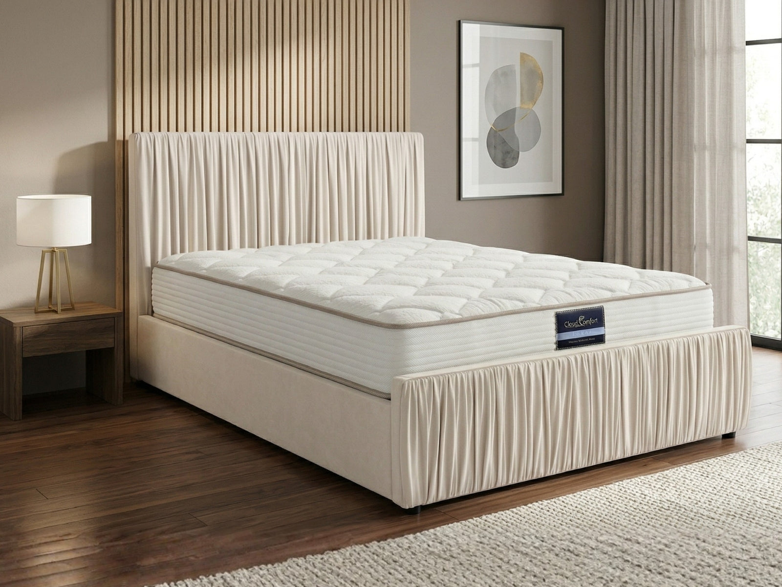 Blaine Velvet Bed Frame Beige & PIL20 Mattress with Pillows - Queen