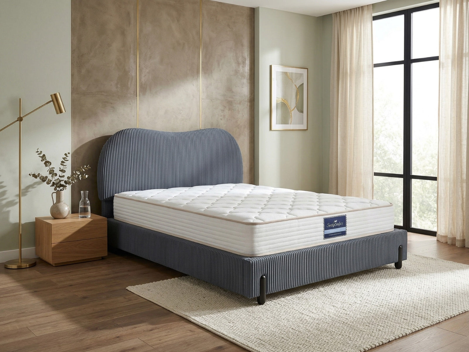 Arna Bed Frame Grey & PIL20 Mattress with Pillows - Queen