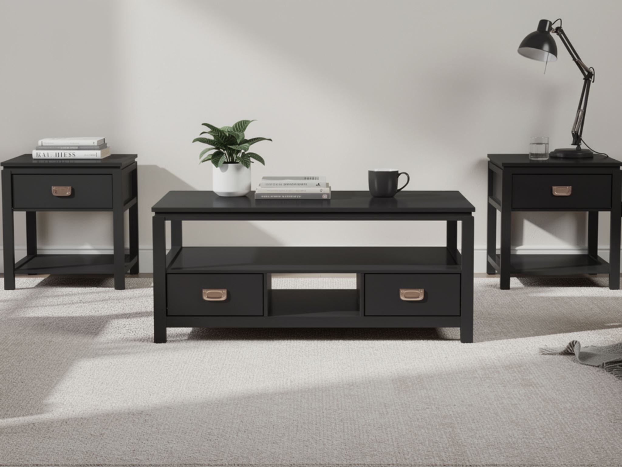 3-Piece Solid Wood Coffee Table Set - Black