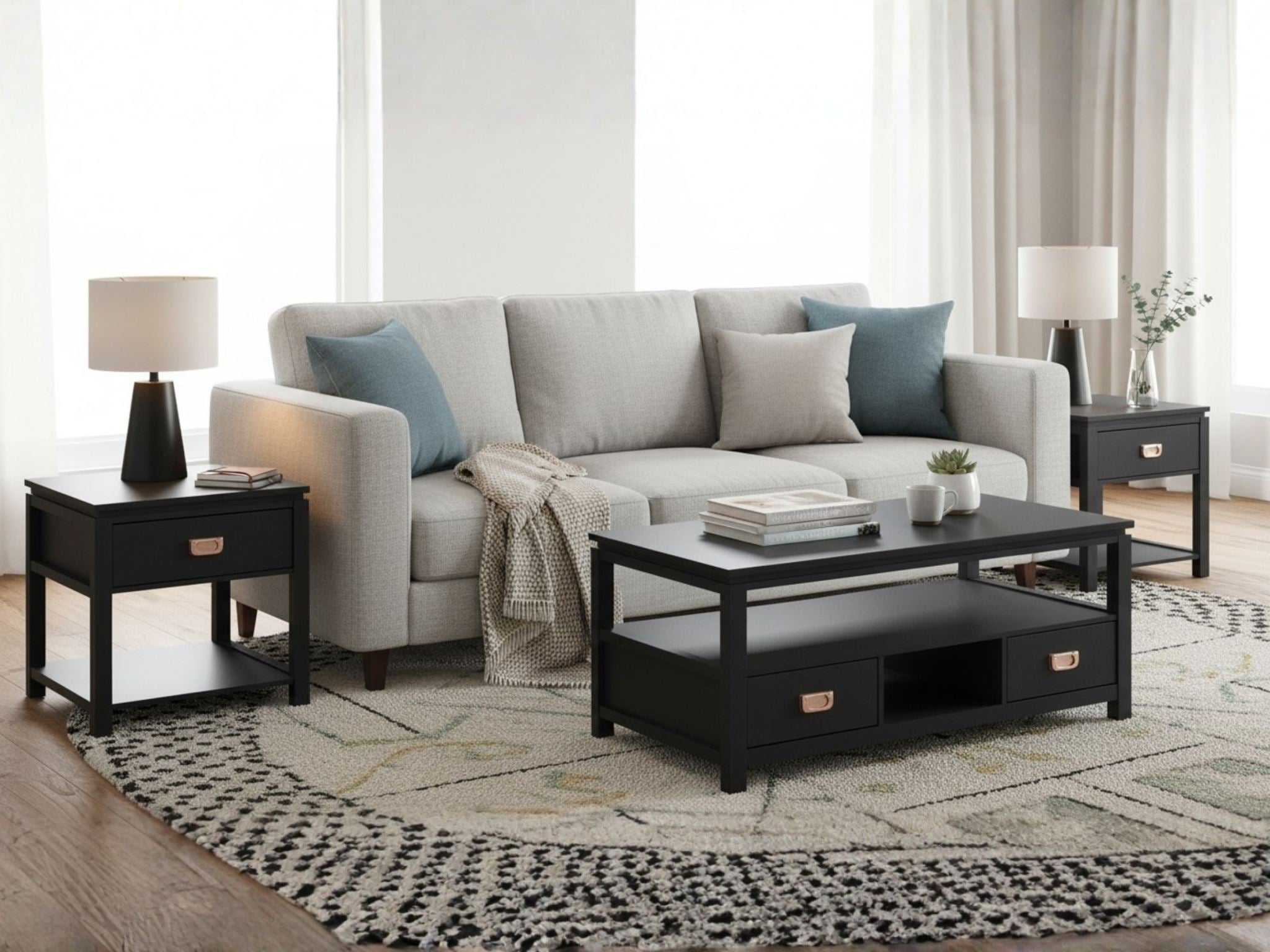 3-Piece Solid Wood Coffee Table Set - Black