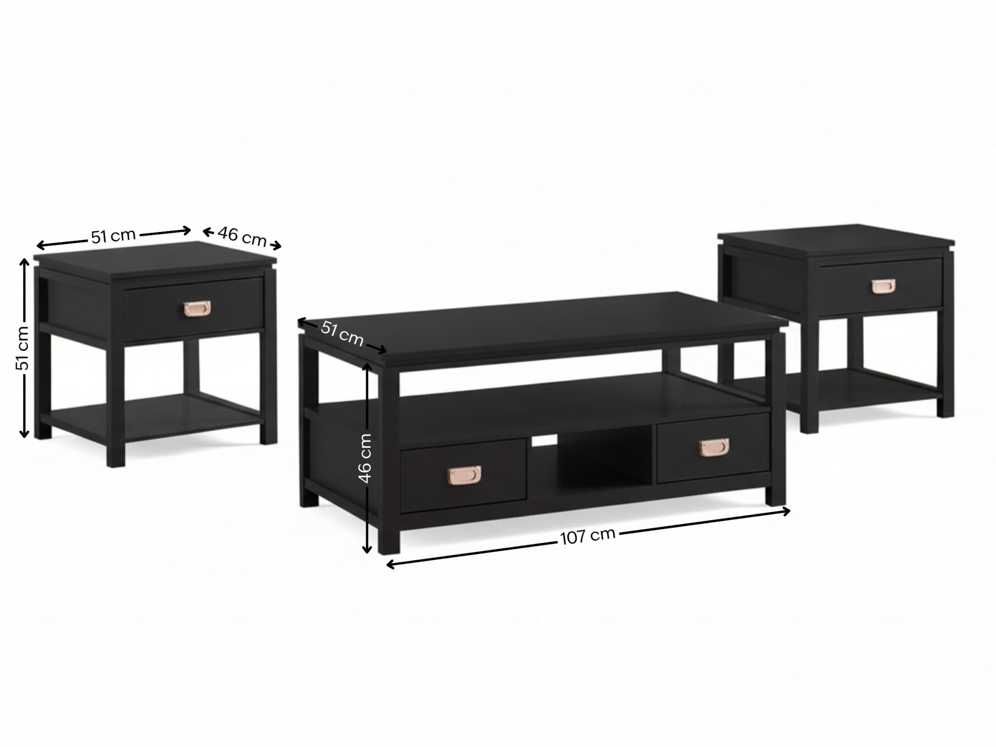 3-Piece Solid Wood Coffee Table Set - Black