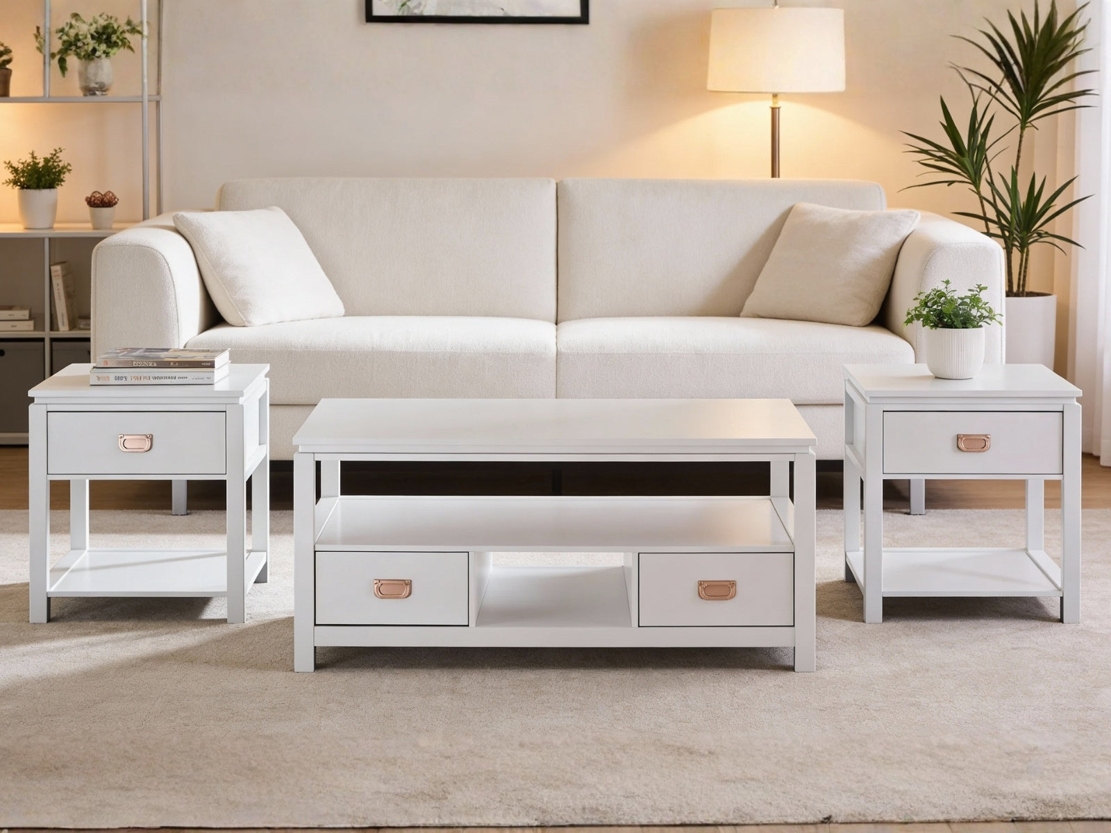 3-Piece Solid Wood Coffee Table Set - White