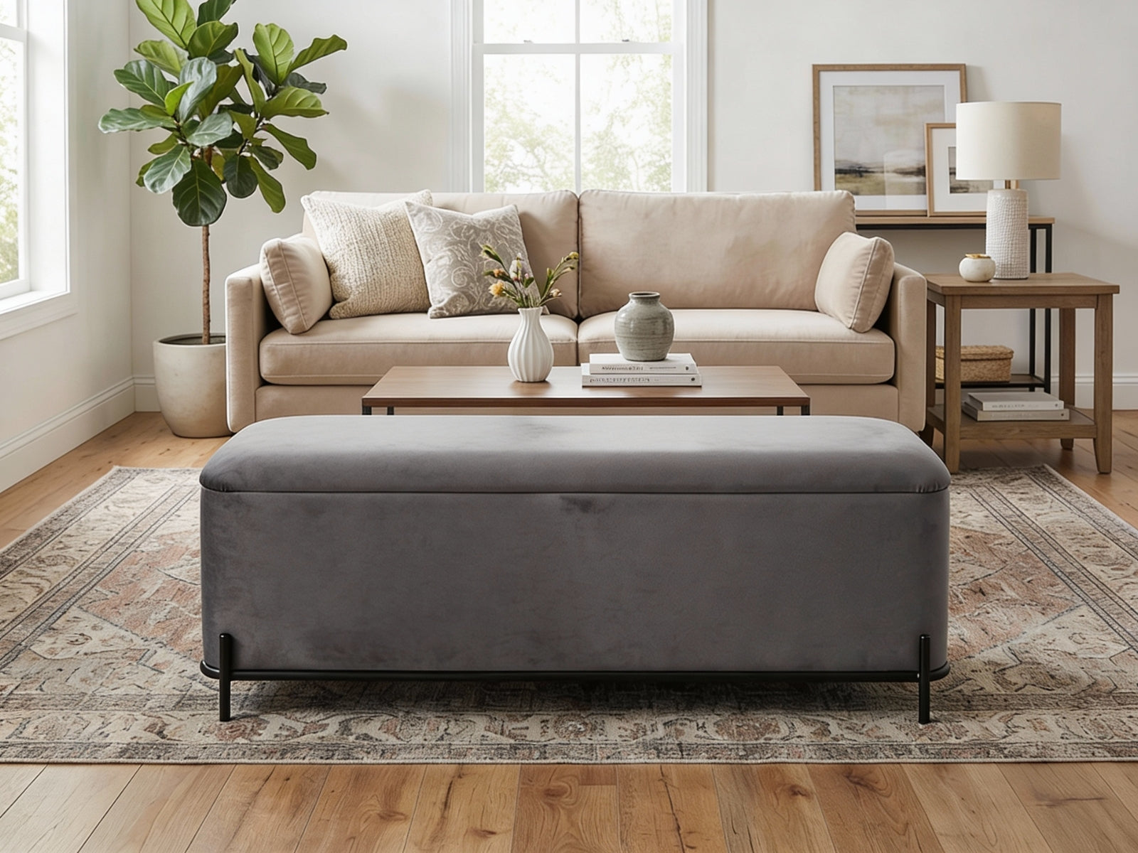 Delani Velvet Ottoman Bench With Storage - Charcoal