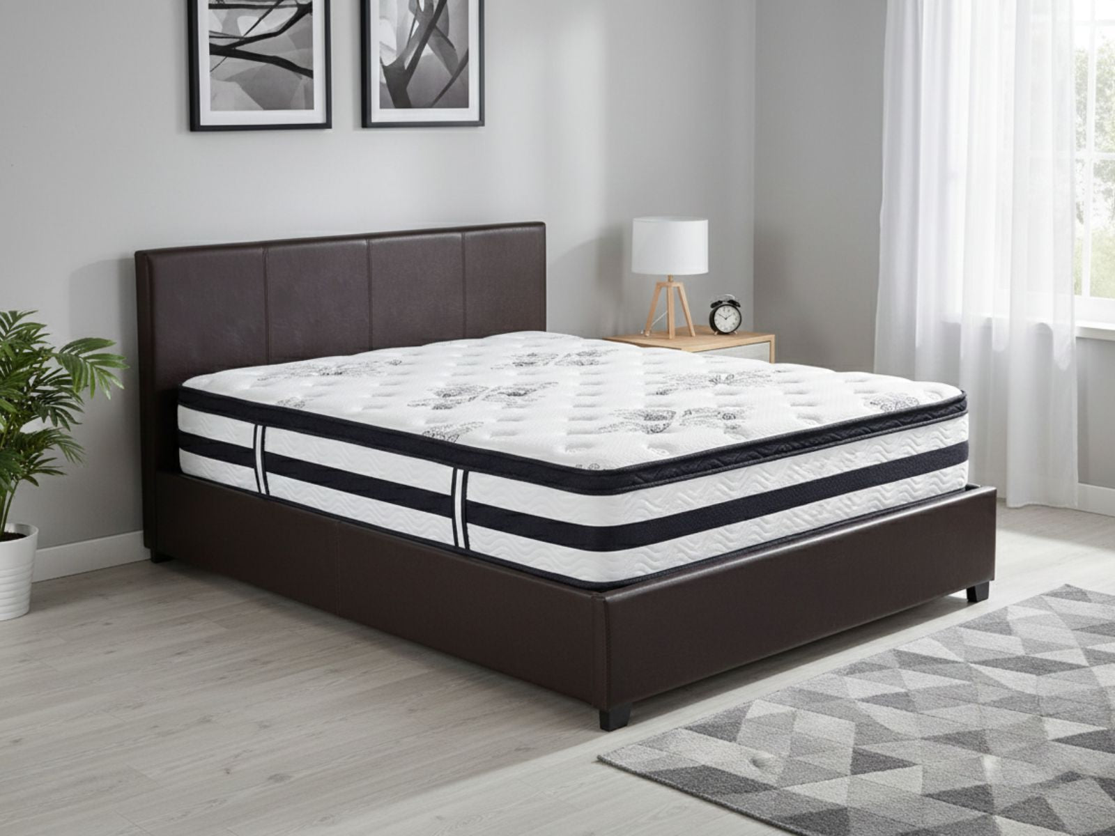 Bass Storage Bed Frame PU Dark Brown & K34 Mattress  - Double