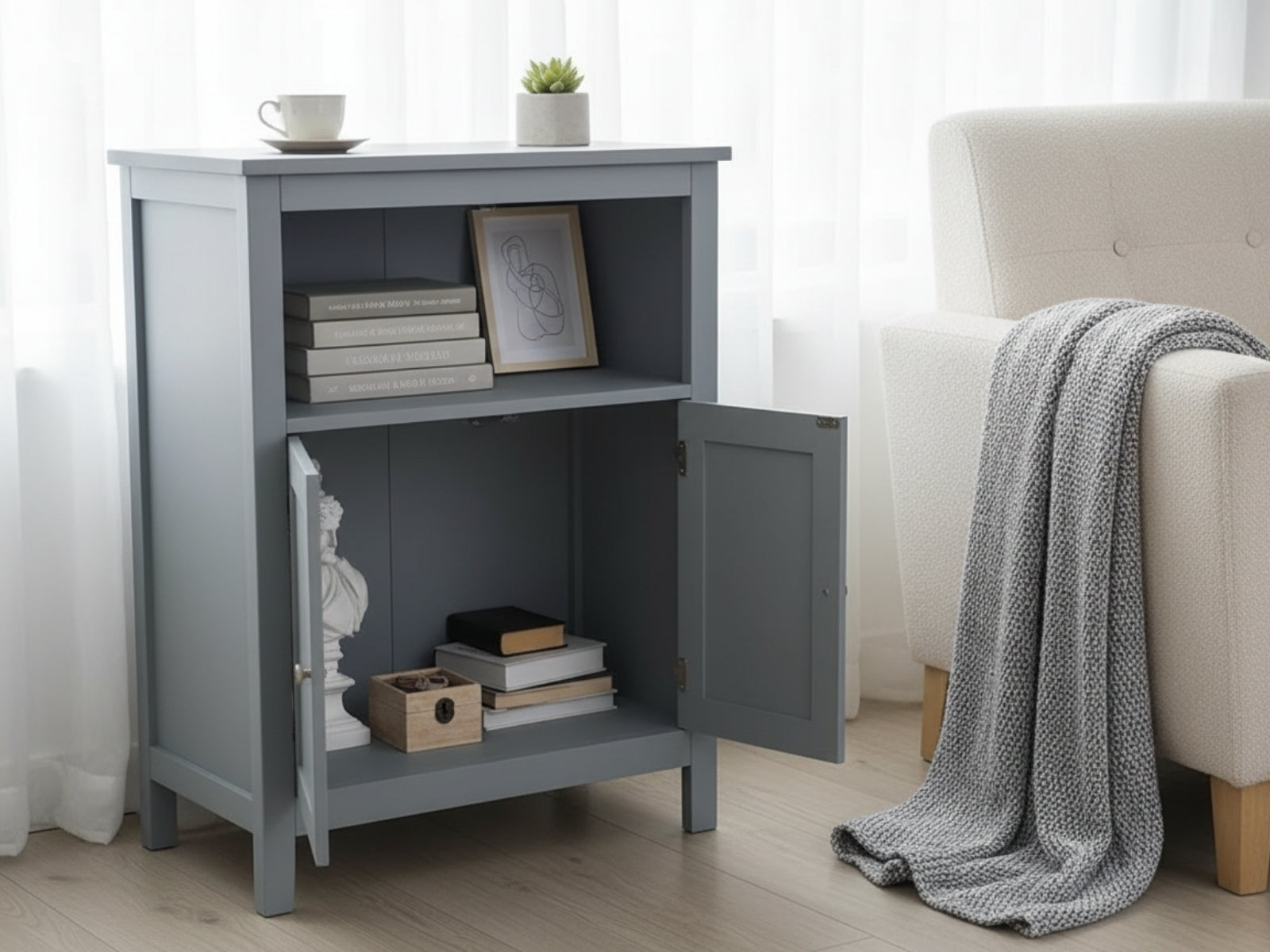 2-Door Rattan Storage Cabinet - Grey