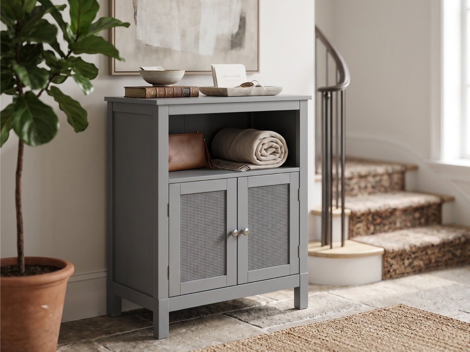 2-Door Rattan Storage Cabinet - Grey