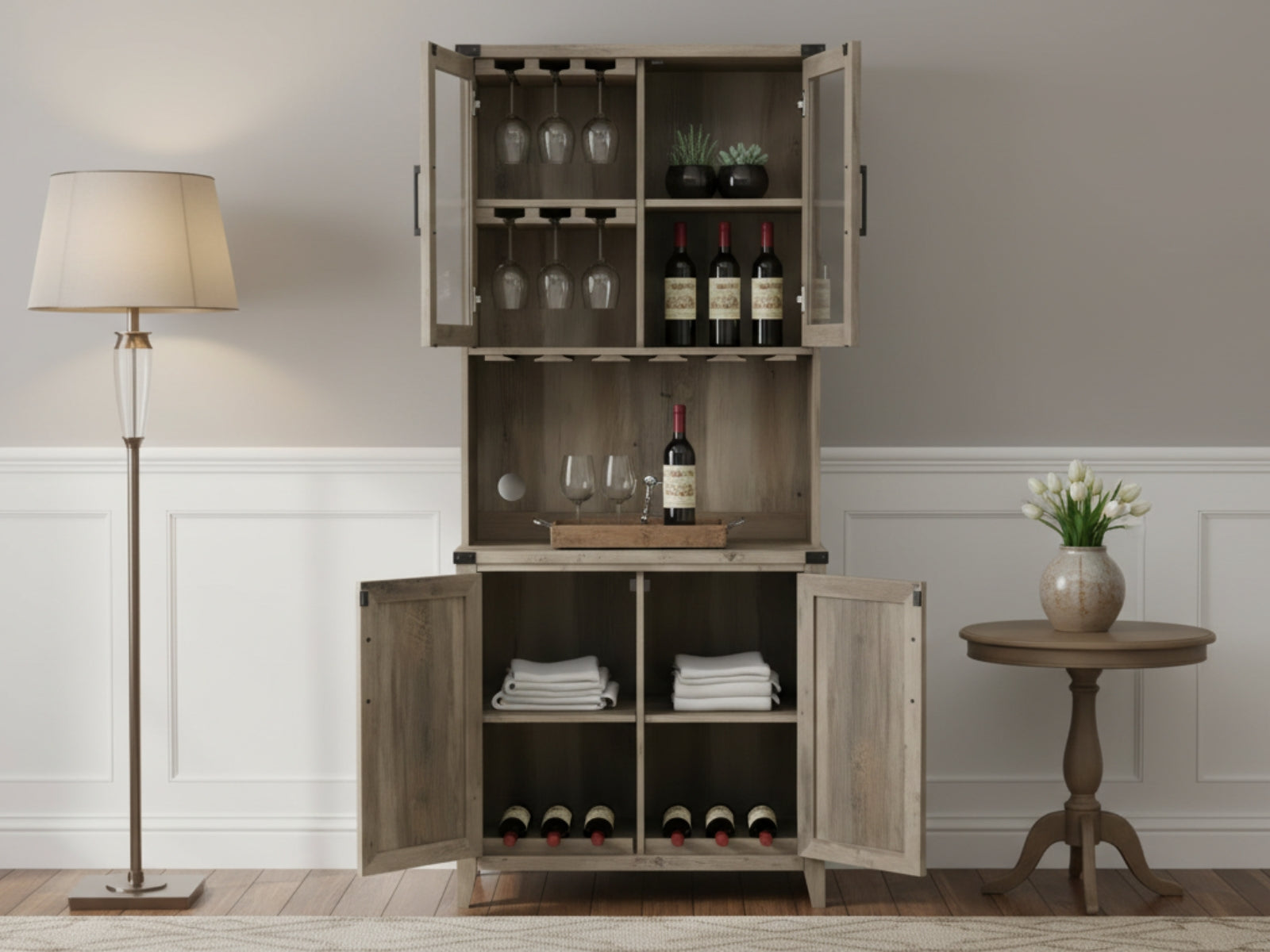 4-Door Wine Cabinet - Grey Wash