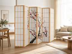6-Panel Room Divider with Flower Pattern - Natural Wood