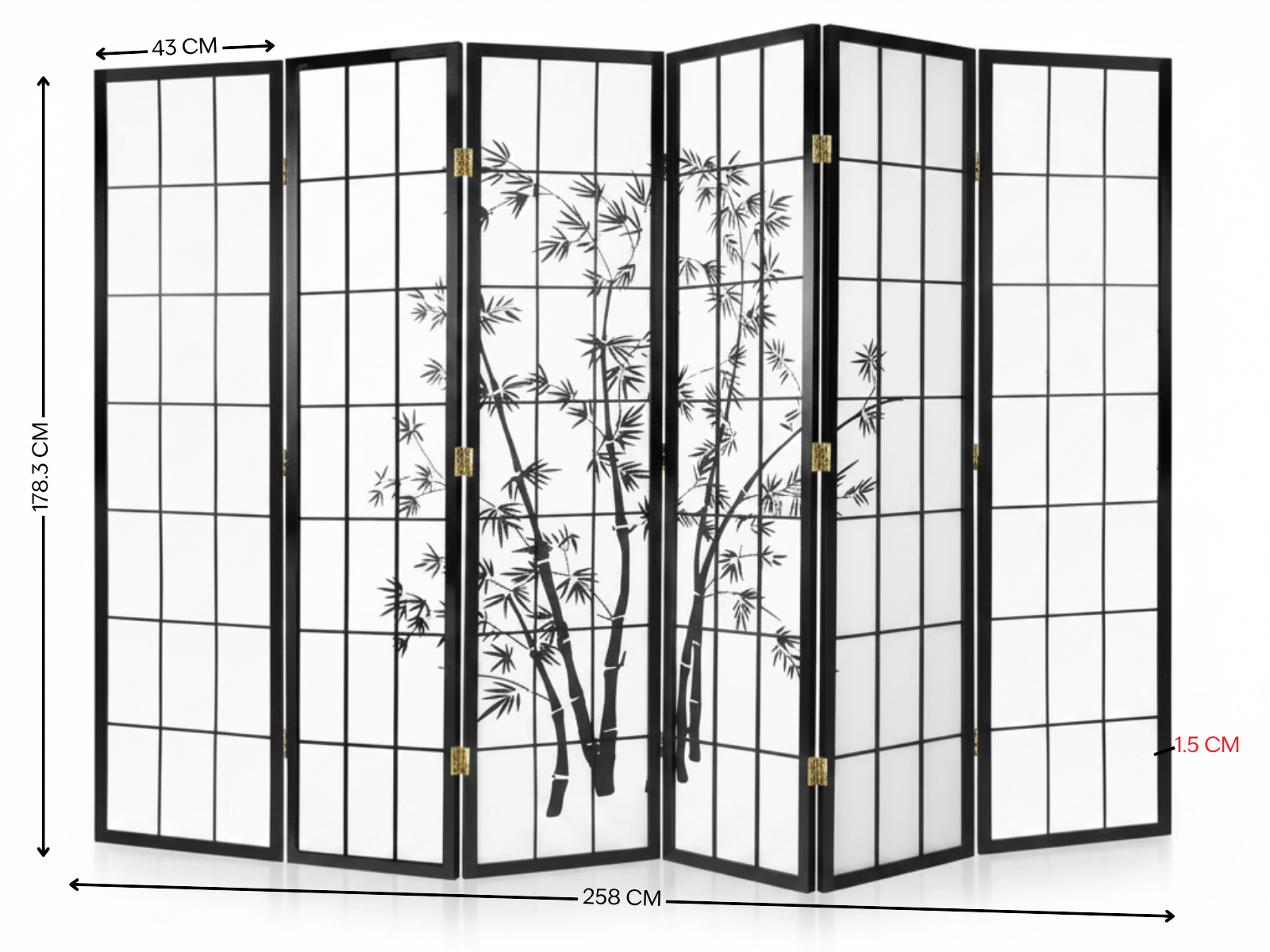 6-Panel Room Divider with Bamboo Pattern - Black