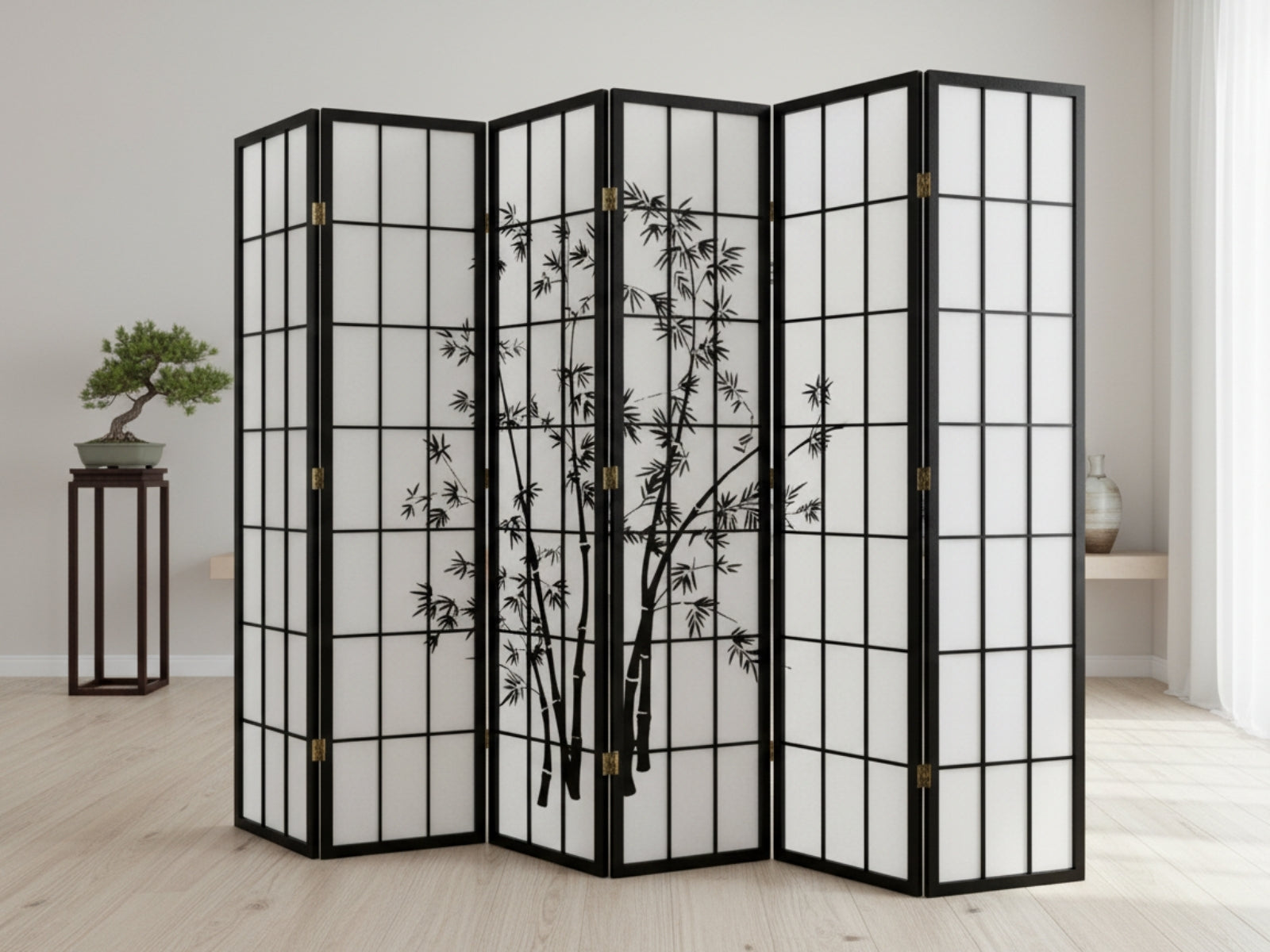 6-Panel Room Divider with Bamboo Pattern - Black