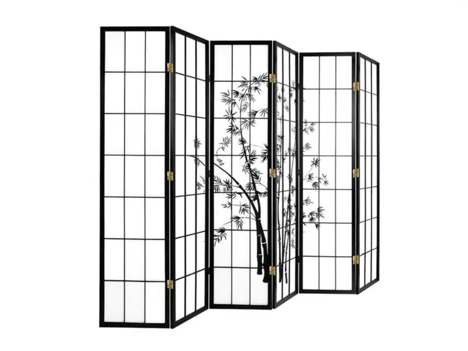 6-Panel Room Divider with Bamboo Pattern - Black