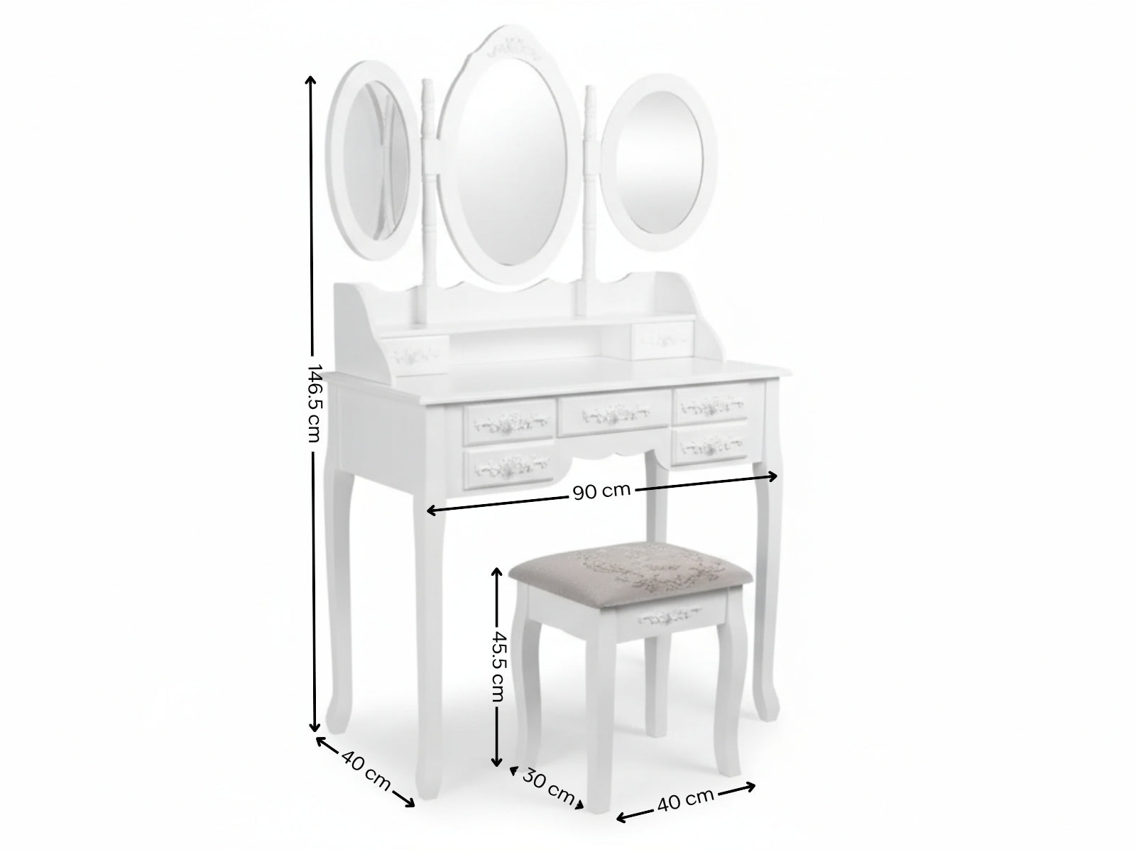 7-Drawer Dressing Table Set White - 90 cm