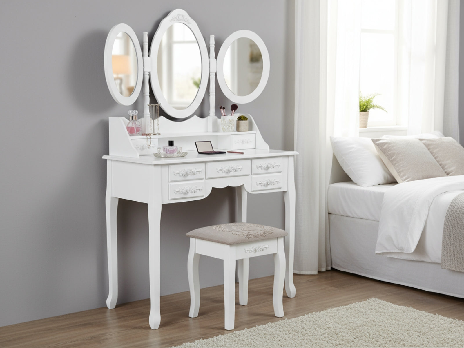 7-Drawer Dressing Table Set White - 90 cm