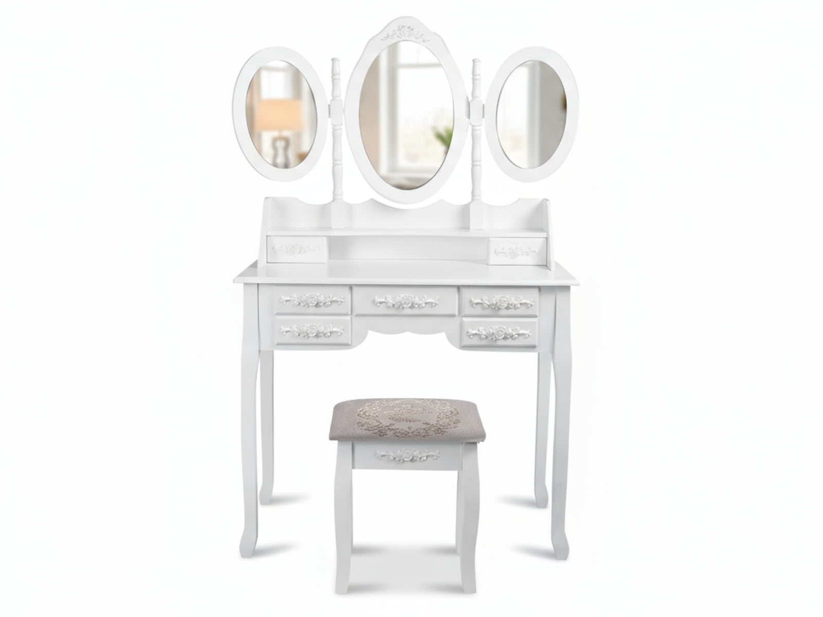 7-Drawer Dressing Table Set White - 90 cm