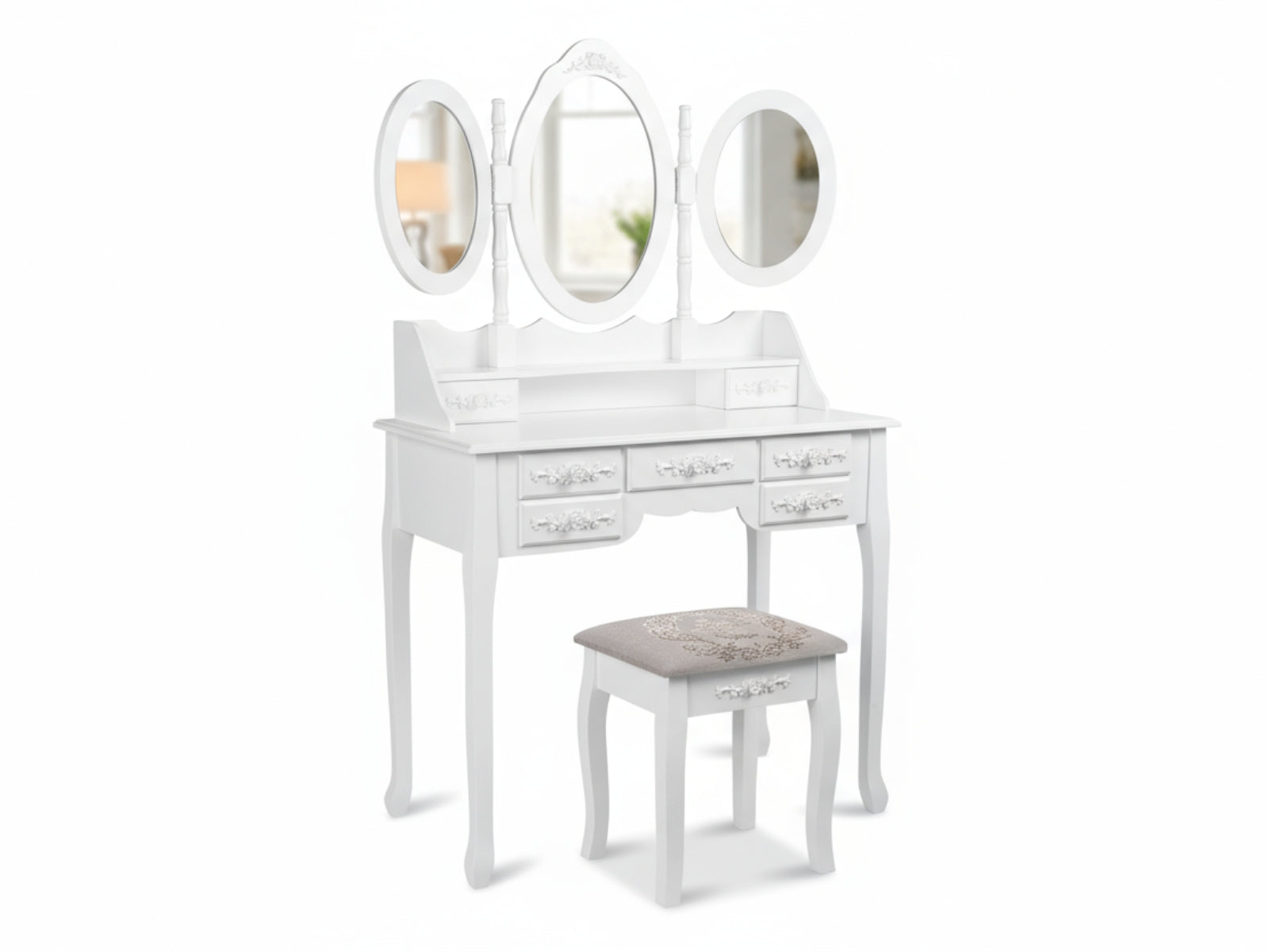7-Drawer Dressing Table Set White - 90 cm
